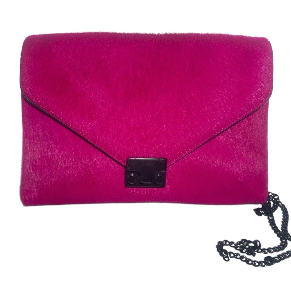 Loeffler Randall Magenta Fuchsia Clutch Crossbody Shoulder Bag Calf Hair Chic